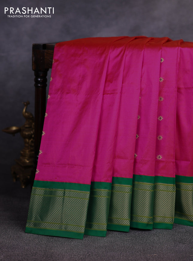 Pure paithani silk saree pink and green with allover zari woven buttas and paithani weaving pallu