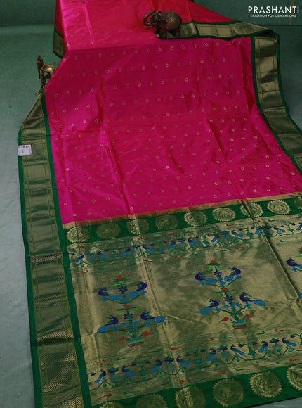 Pure paithani silk saree pink and green with allover zari woven buttas and paithani weaving pallu