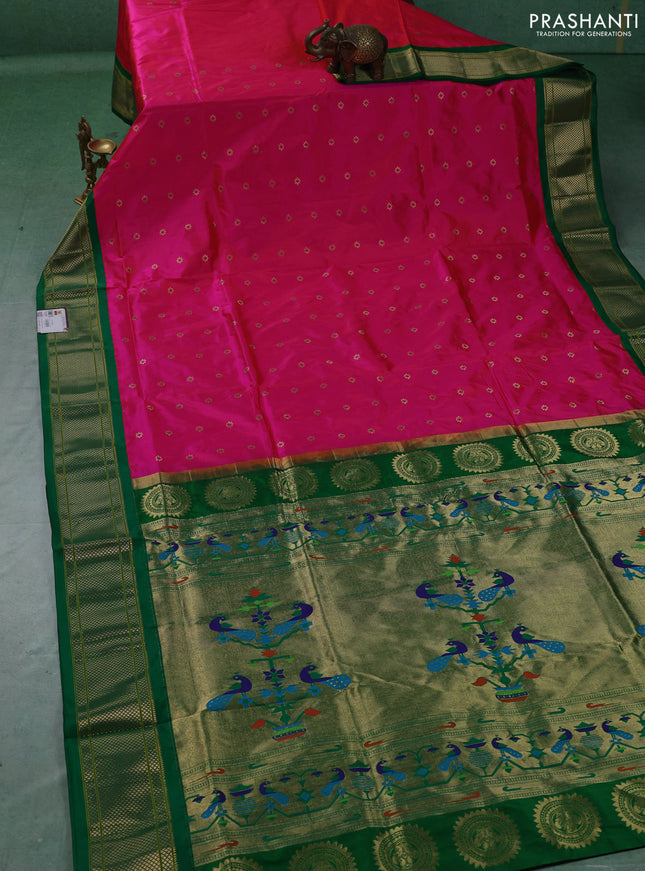 Pure paithani silk saree pink and green with allover zari woven buttas and paithani weaving pallu