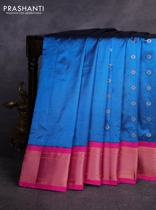 Pure paithani silk saree peacock blue and pink with allover zari woven buttas and paithani weaving pallu