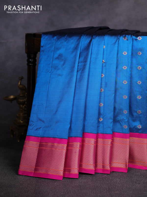 Pure paithani silk saree peacock blue and pink with allover zari woven buttas and paithani weaving pallu