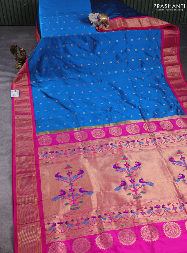 Pure paithani silk saree peacock blue and pink with allover zari woven buttas and paithani weaving pallu