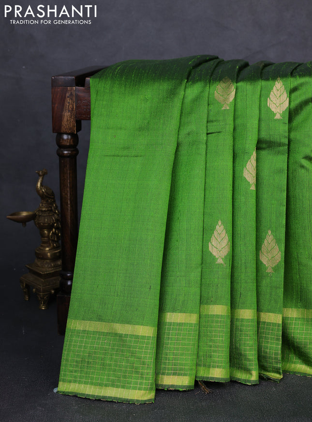 Pure dupion silk saree light green with zari woven buttas and zari woven checked border
