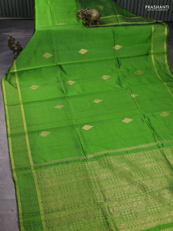 Pure dupion silk saree light green with zari woven buttas and zari woven checked border
