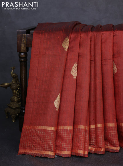 Pure dupion silk saree orange with zari woven buttas and zari woven checked border