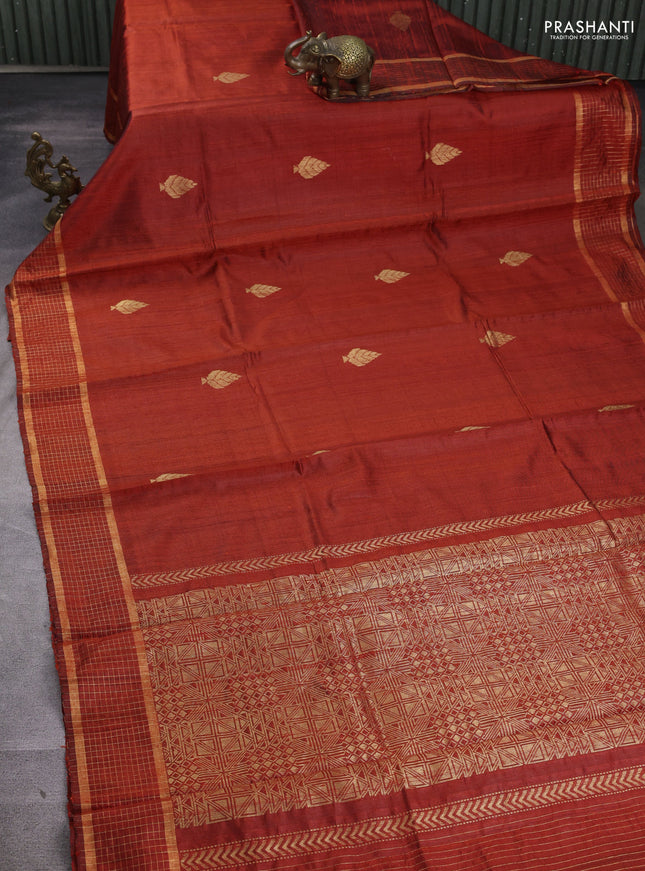 Pure dupion silk saree orange with zari woven buttas and zari woven checked border