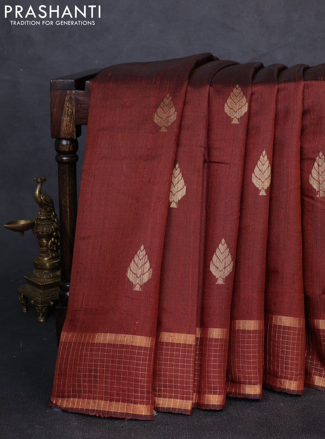 Pure dupion silk saree brown with zari woven buttas and zari woven checked border