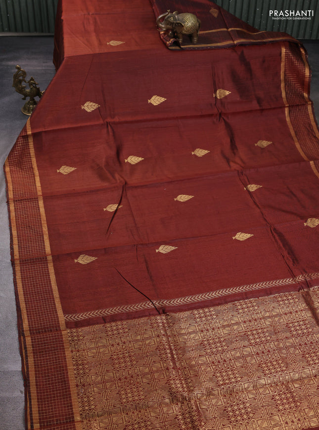Pure dupion silk saree brown with zari woven buttas and zari woven checked border