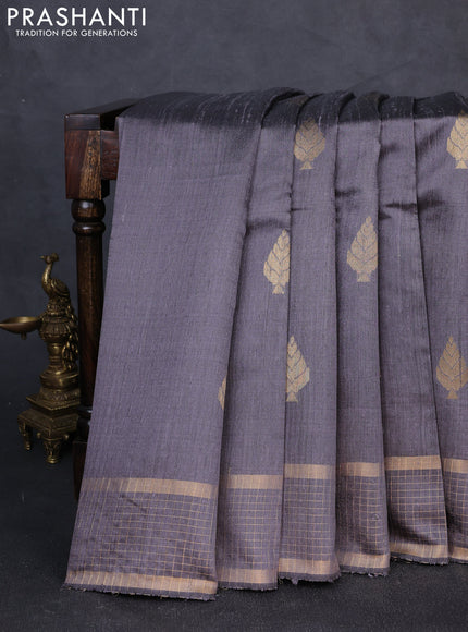 Pure dupion silk saree grey with zari woven buttas and zari woven checked border