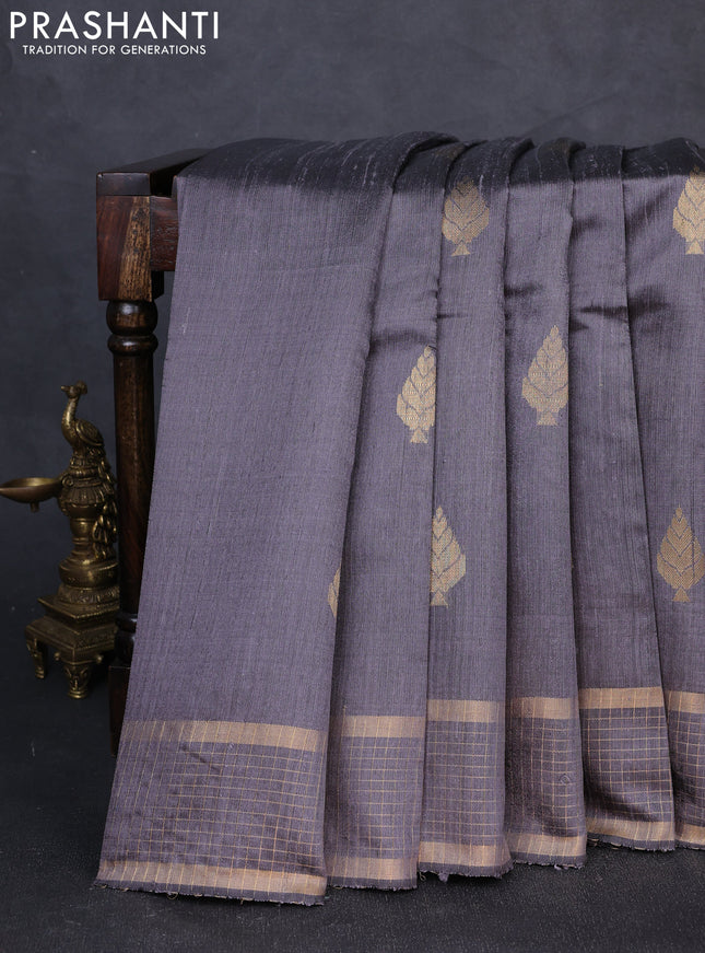Pure dupion silk saree grey with zari woven buttas and zari woven checked border