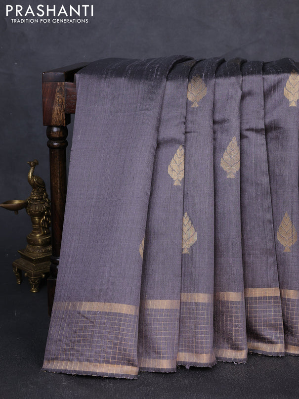 Pure dupion silk saree grey with zari woven buttas and zari woven checked border