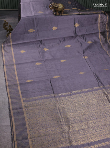Pure dupion silk saree grey with zari woven buttas and zari woven checked border