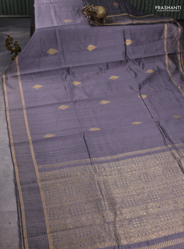 Pure dupion silk saree grey with zari woven buttas and zari woven checked border
