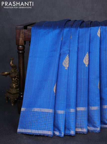 Pure dupion silk saree cs blue with zari woven buttas and zari woven checked border