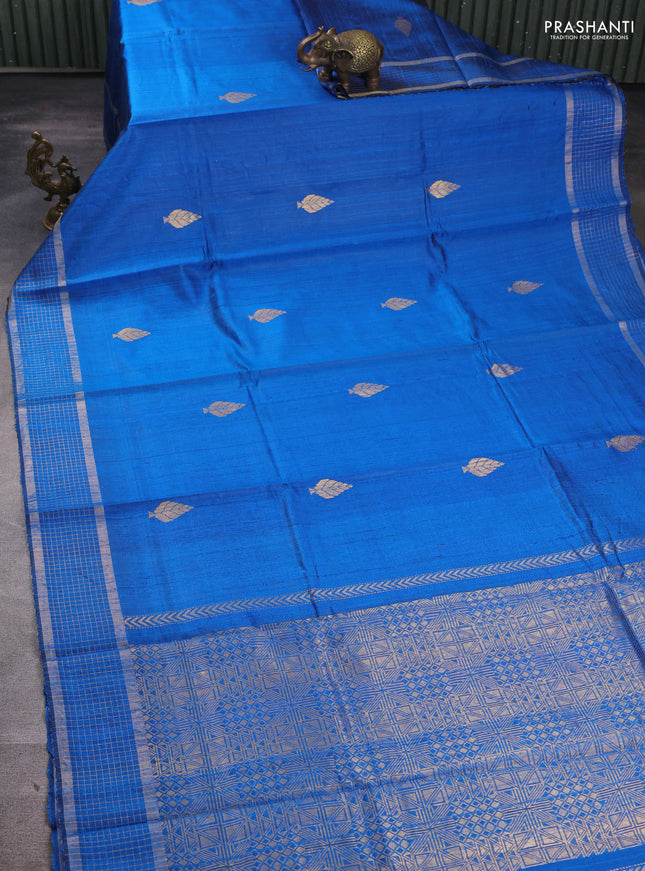 Pure dupion silk saree cs blue with zari woven buttas and zari woven checked border