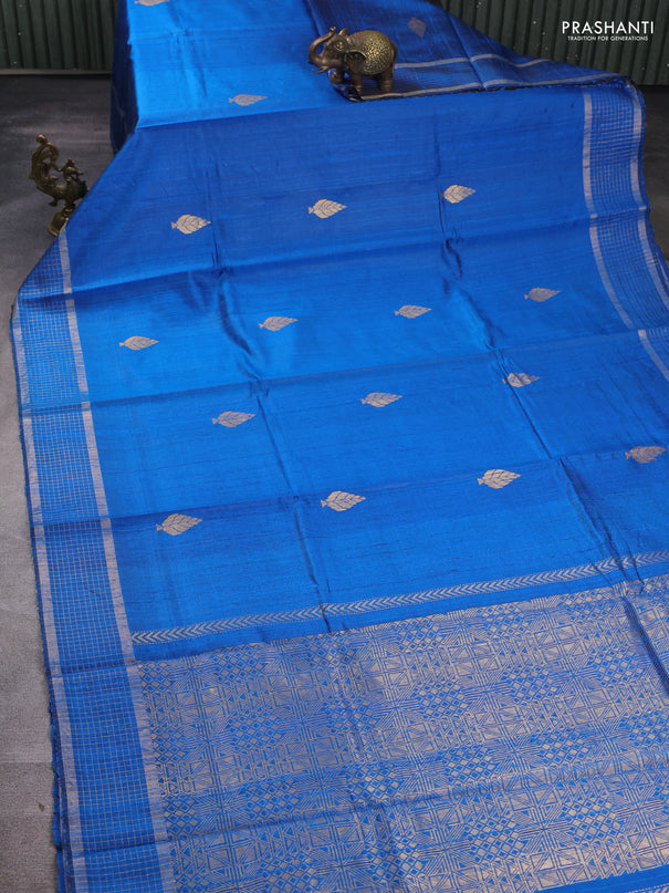 Pure dupion silk saree cs blue with zari woven buttas and zari woven checked border