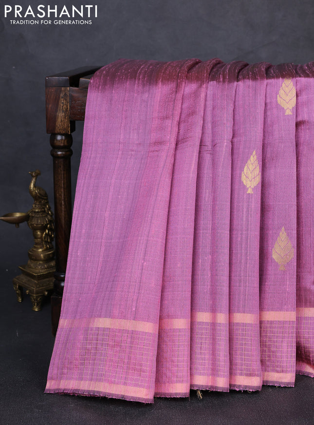 Pure dupion silk saree mauve pink with zari woven buttas and zari woven checked border