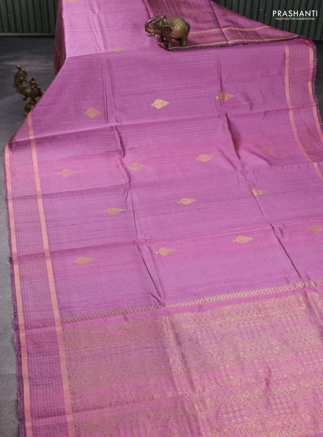 Pure dupion silk saree mauve pink with zari woven buttas and zari woven checked border