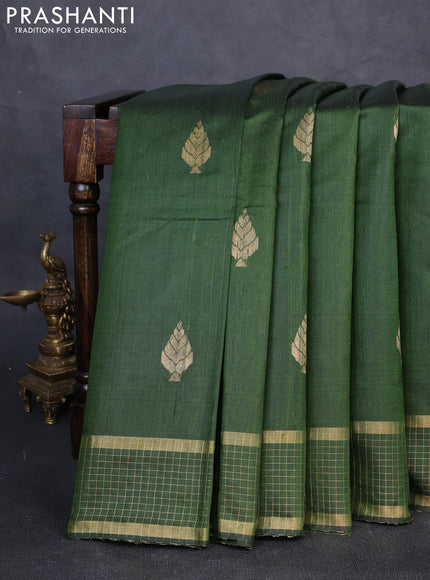 Pure dupion silk saree sap green with zari woven buttas and zari woven checked border