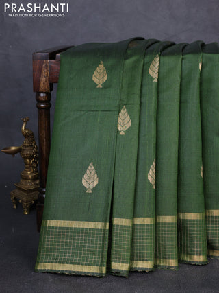 Pure dupion silk saree sap green with zari woven buttas and zari woven checked border