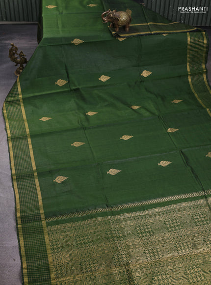 Pure dupion silk saree sap green with zari woven buttas and zari woven checked border