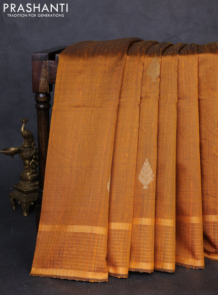 Pure dupion silk saree mustard yellow with zari woven buttas and zari woven checked border