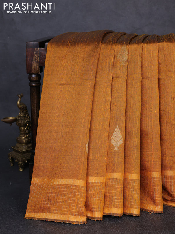Pure dupion silk saree mustard yellow with zari woven buttas and zari woven checked border