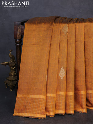 Pure dupion silk saree mustard yellow with zari woven buttas and zari woven checked border