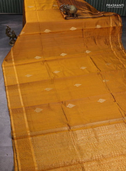 Pure dupion silk saree mustard yellow with zari woven buttas and zari woven checked border