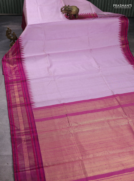 Pure dupion silk saree mild lavender and pink with plain body and temple design zari woven border