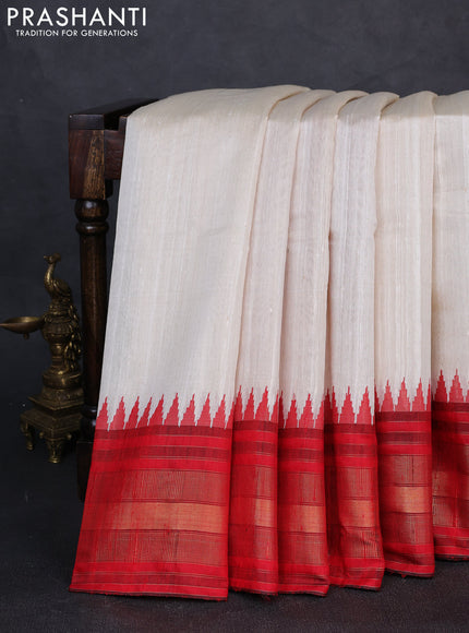 Pure dupion silk saree cream and red with plain body and temple design zari woven border