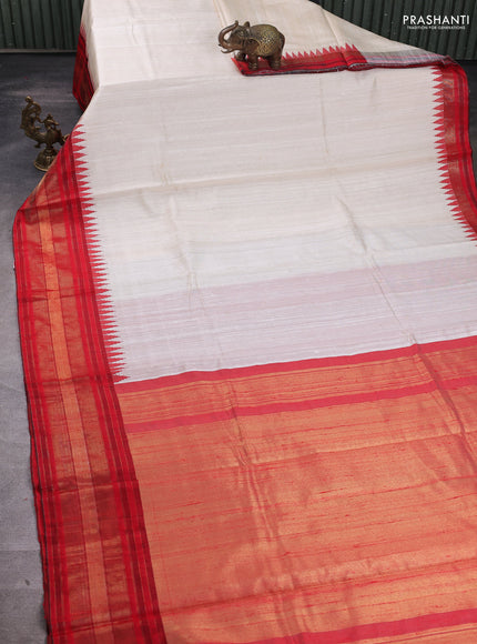 Pure dupion silk saree cream and red with plain body and temple design zari woven border