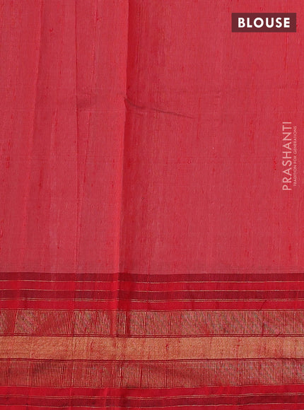 Pure dupion silk saree cream and red with plain body and temple design zari woven border