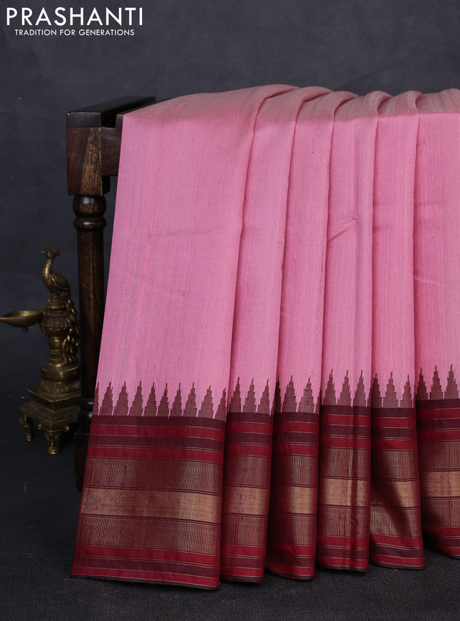 Pure dupion silk saree light pink and maroon shade with plain body and temple design zari woven border