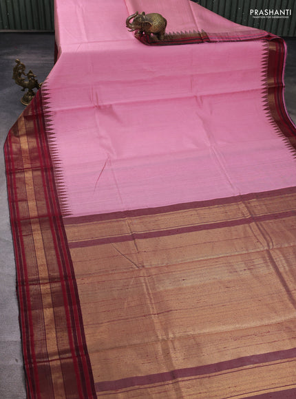 Pure dupion silk saree light pink and maroon shade with plain body and temple design zari woven border