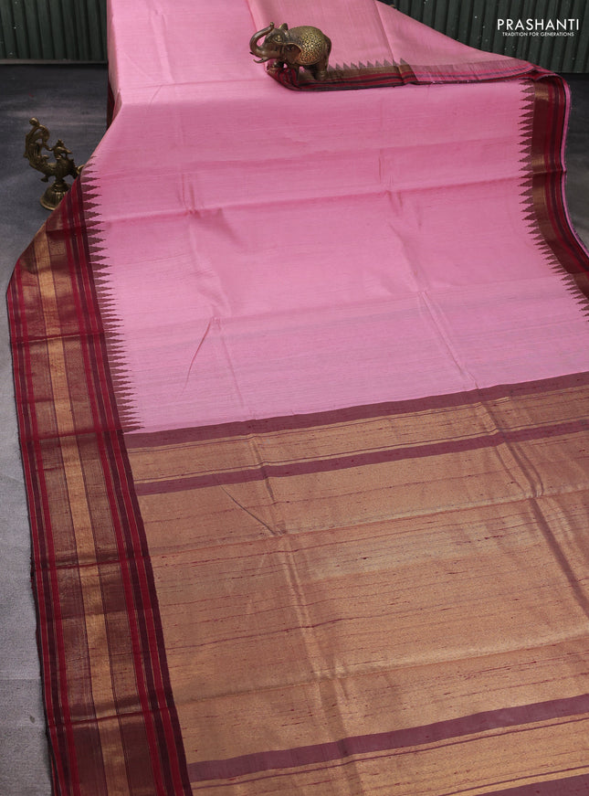 Pure dupion silk saree light pink and maroon shade with plain body and temple design zari woven border
