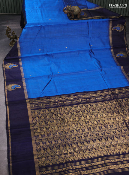 Pure dupion silk saree cs blue and navy blue with zari woven buttas and rettapet woven butta border