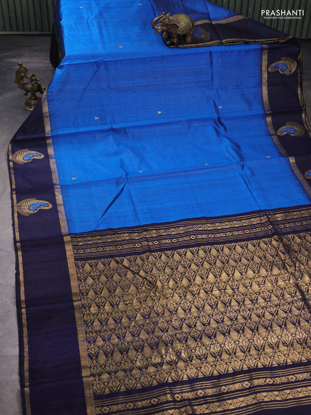 Pure dupion silk saree cs blue and navy blue with zari woven buttas and rettapet woven butta border