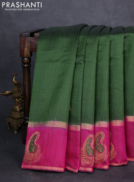 Pure dupion silk saree sap green and magenta pink with zari woven buttas and rettapet woven butta border