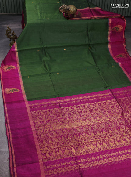 Pure dupion silk saree sap green and magenta pink with zari woven buttas and rettapet woven butta border
