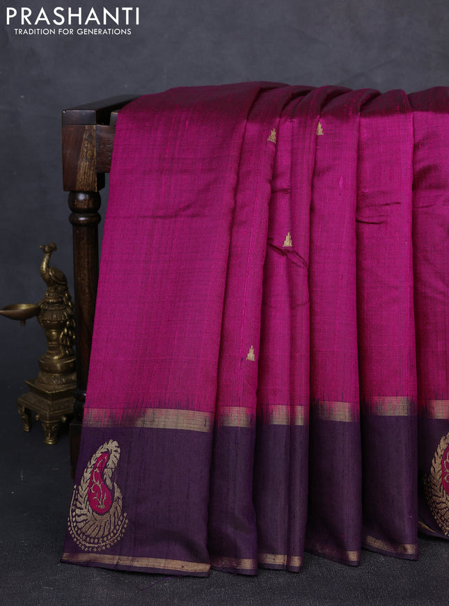 Pure dupion silk saree magenta pink and deep purple with zari woven buttas and woven butta border
