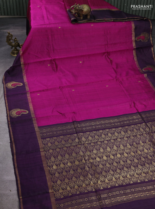 Pure dupion silk saree magenta pink and deep purple with zari woven buttas and woven butta border
