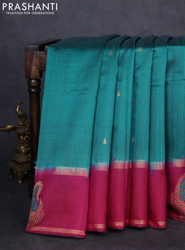 Pure dupion silk saree teal green and magenta pink with zari woven buttas and woven butta border