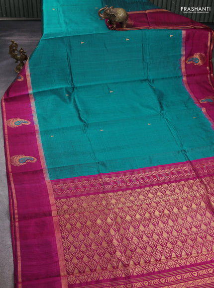 Pure dupion silk saree teal green and magenta pink with zari woven buttas and woven butta border
