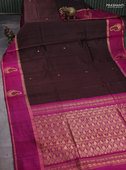 Pure dupion silk saree coffee brown and magenta pink with zari woven buttas and woven butta border