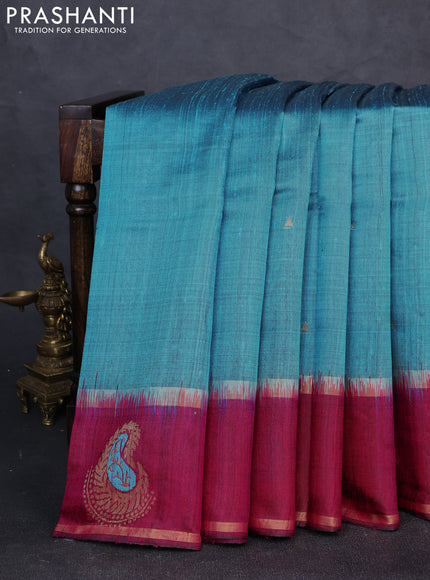 Pure dupion silk saree light blue and magenta pink with zari woven buttas and woven butta border