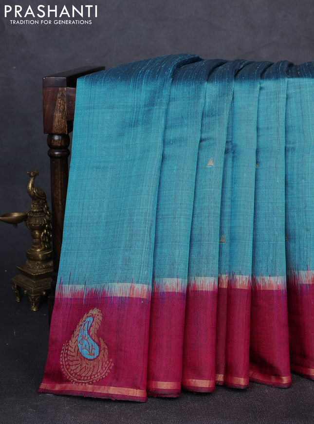 Pure dupion silk saree light blue and magenta pink with zari woven buttas and woven butta border