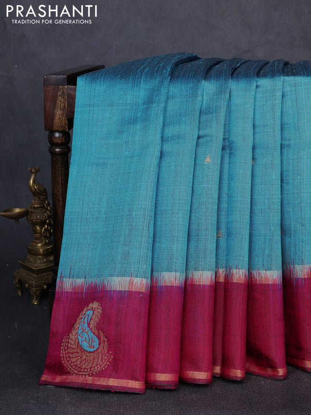 Pure dupion silk saree light blue and magenta pink with zari woven buttas and woven butta border