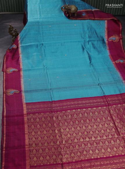 Pure dupion silk saree light blue and magenta pink with zari woven buttas and woven butta border