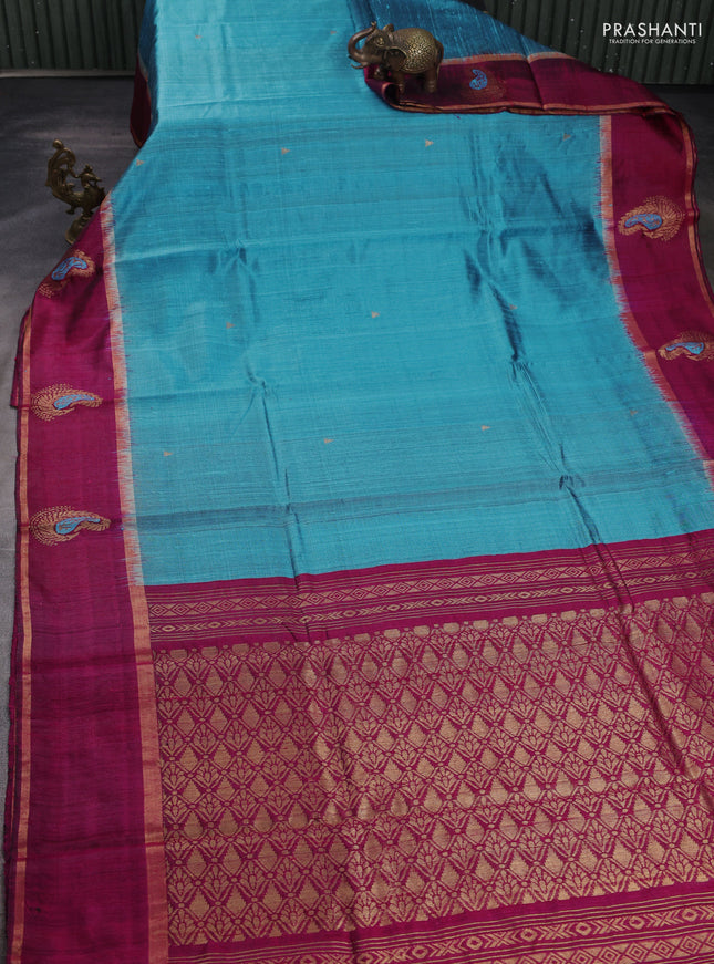 Pure dupion silk saree light blue and magenta pink with zari woven buttas and woven butta border